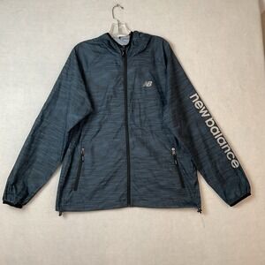 New Balance Windbreaker Jacket Mens L Navy Blue Black Hood Full Zip Logo